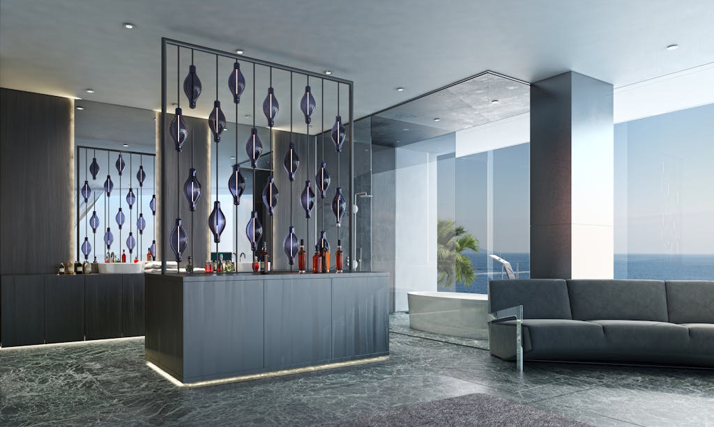 Elegant modern living space with ocean view in Bodrum, Turkey, featuring stylish decor and minimalist design.